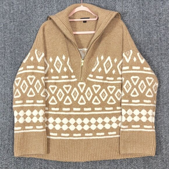 J Crew Sweater Womens L/XL Brown Relaxed Half Zip in Geometric Knit BD643 - Picture 1 of 13